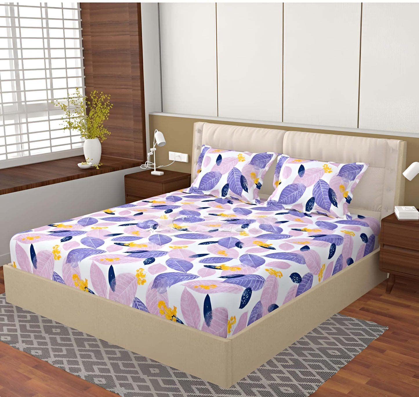 PINK LEAFS 220 TC Cotton All Round Elastic Fitted Bedsheet with 2 Pillow Covers (72X78X Upto 10 Inches) & 360 Degree Elasticated