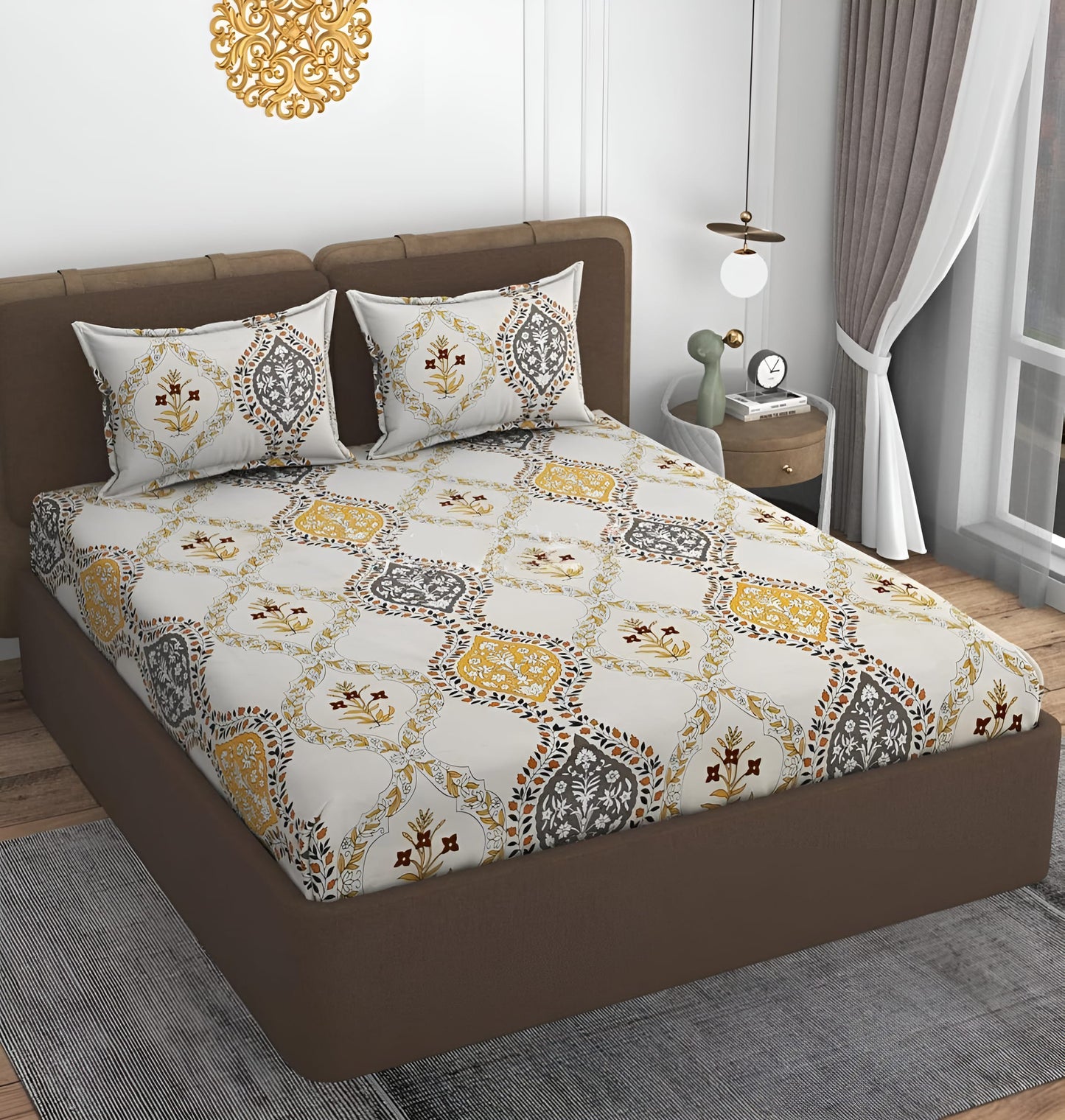 ELEGANT 220 TC Fitted Bedsheet with 2 Pillow Covers (72X78X Upto 10 Inches) & 360 Degree Elasticated