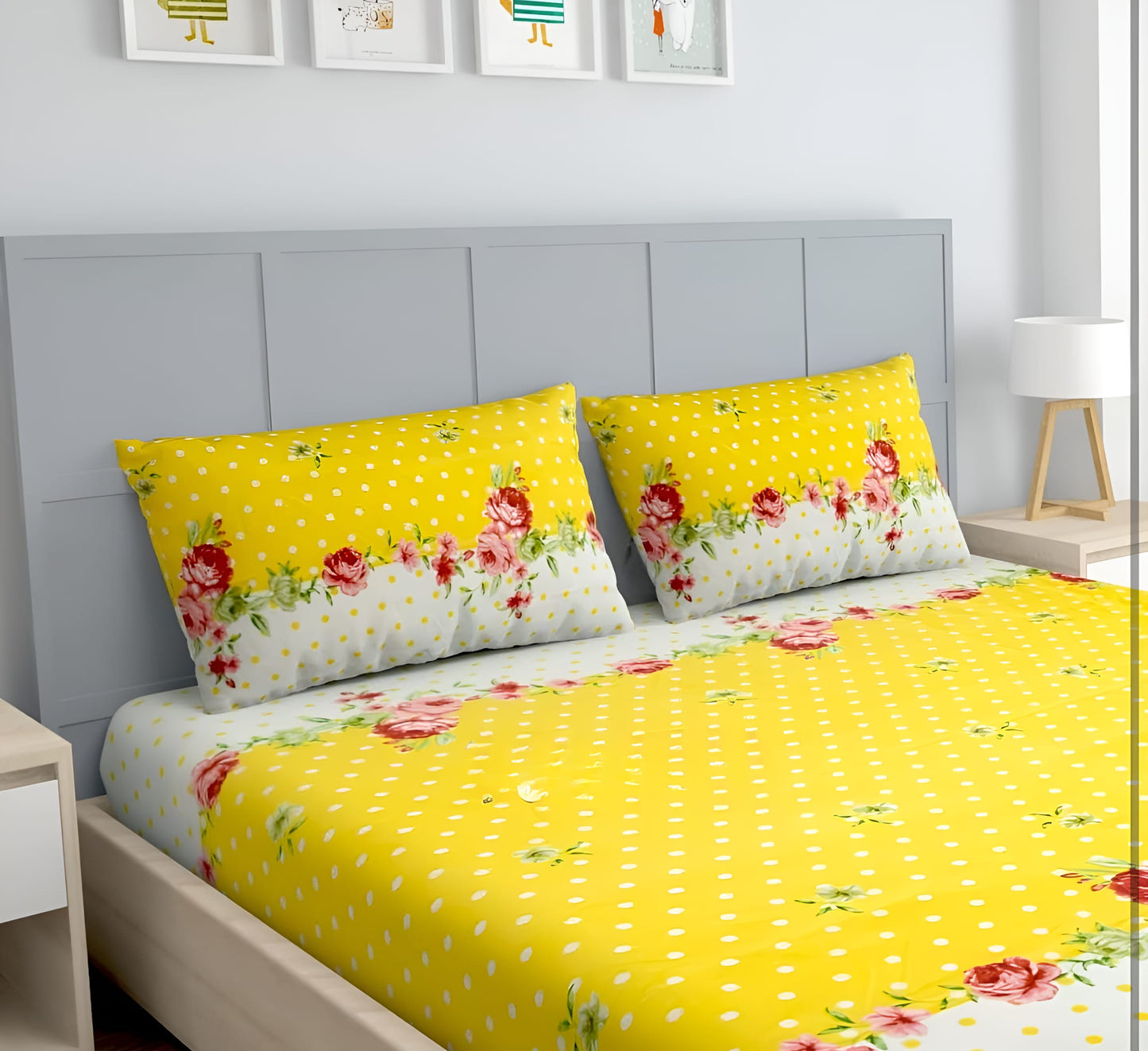 YELLOW DOTS 220 TC Fitted Bedsheet with 2 Pillow Covers (72X78X Upto 10 Inches) & 360 Degree Elasticated