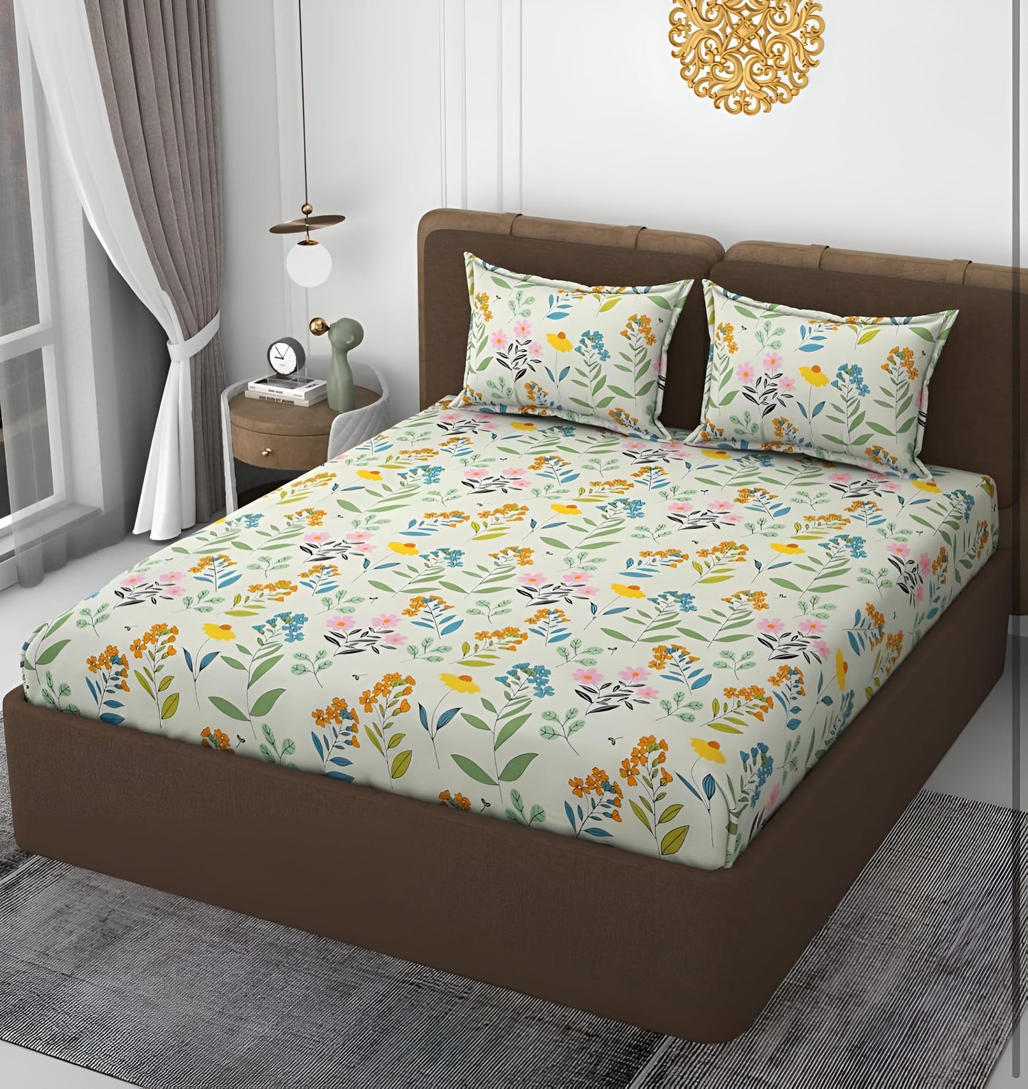WHITE ORCHARD 220 TC Fitted Bedsheet with 2 Pillow Covers (72X78X Upto 10 Inches) & 360 Degree Elasticated