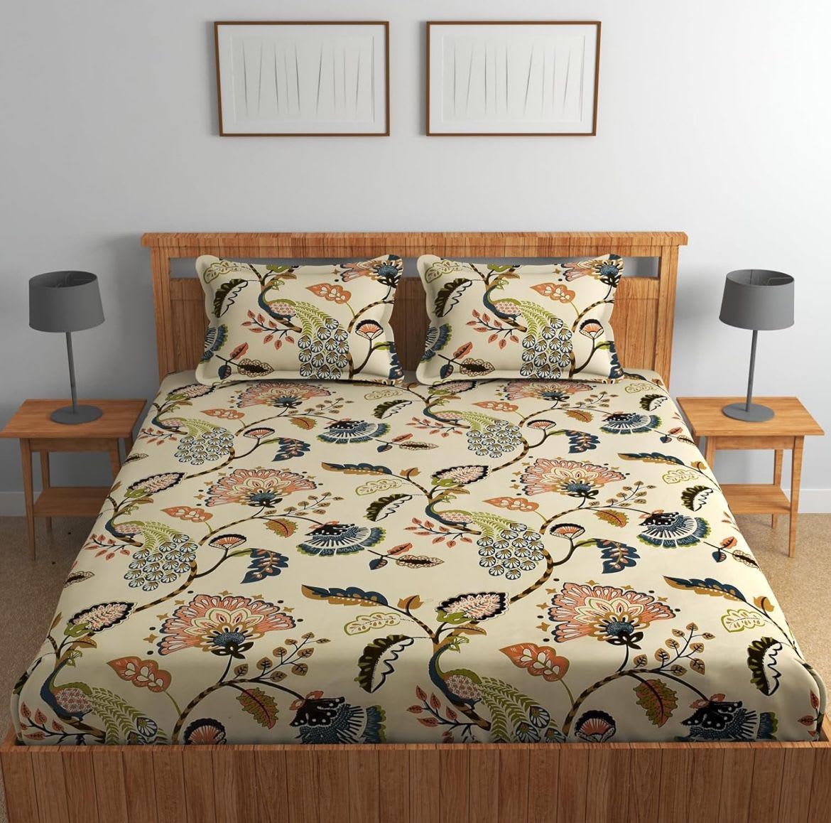 PEACOCK PRINT 220 TC Fitted Elastic Bedsheet With Two Pillow Covers (72X78X Upto 10 Inches) & 360 Degree Elasticated