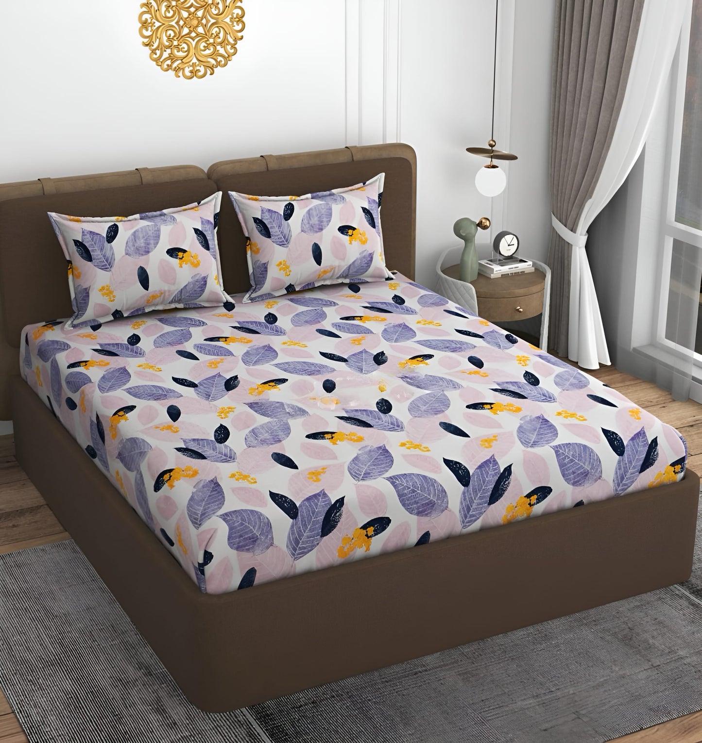 PINK LEAFS 220 TC Fitted Elastic Bedsheet With Two Pillow Covers (72X78X Upto 10 Inches) & 360 Degree Elasticated