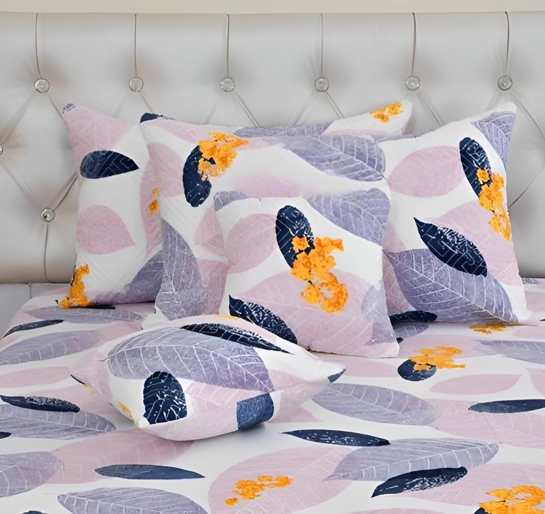 Premium 5-Piece Cotton Bedding Set: Includes 1 Flat Bedsheet, 2 Quilted Zipped Pillow Covers, 2 Quilted Cushion Covers, and 2 Cushion Fillers