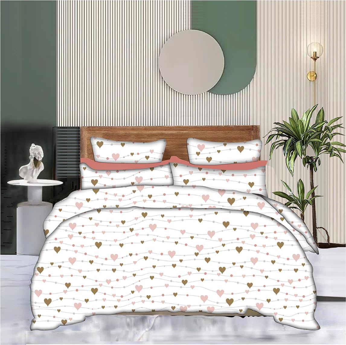 CUTE HEARTS Premium Fitted Elastic Bedsheet With Two Pillow Covers (72X78X Upto 10 Inches) & 360 Degree Elasticated