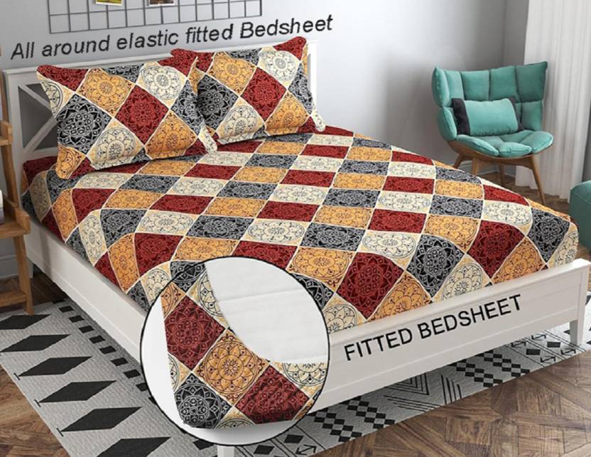 RED DAMASSES Fitted Bedsheet with 2 Pillow Covers (72X78X Upto 10 Inches) & 360 Degree Elasticated