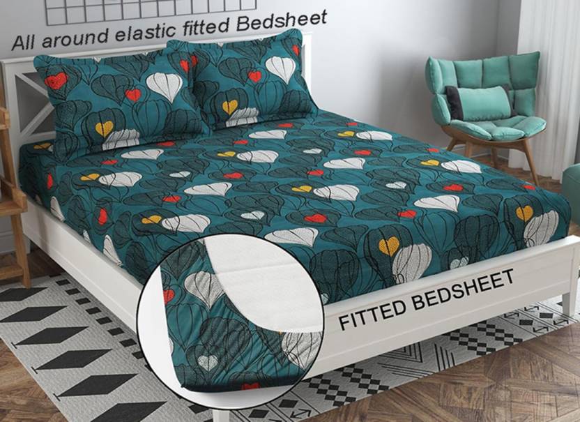 GREEN Fitted Bedsheet with 2 Pillow Covers (72X78X Upto 10 Inches) & 360 Degree Elasticated