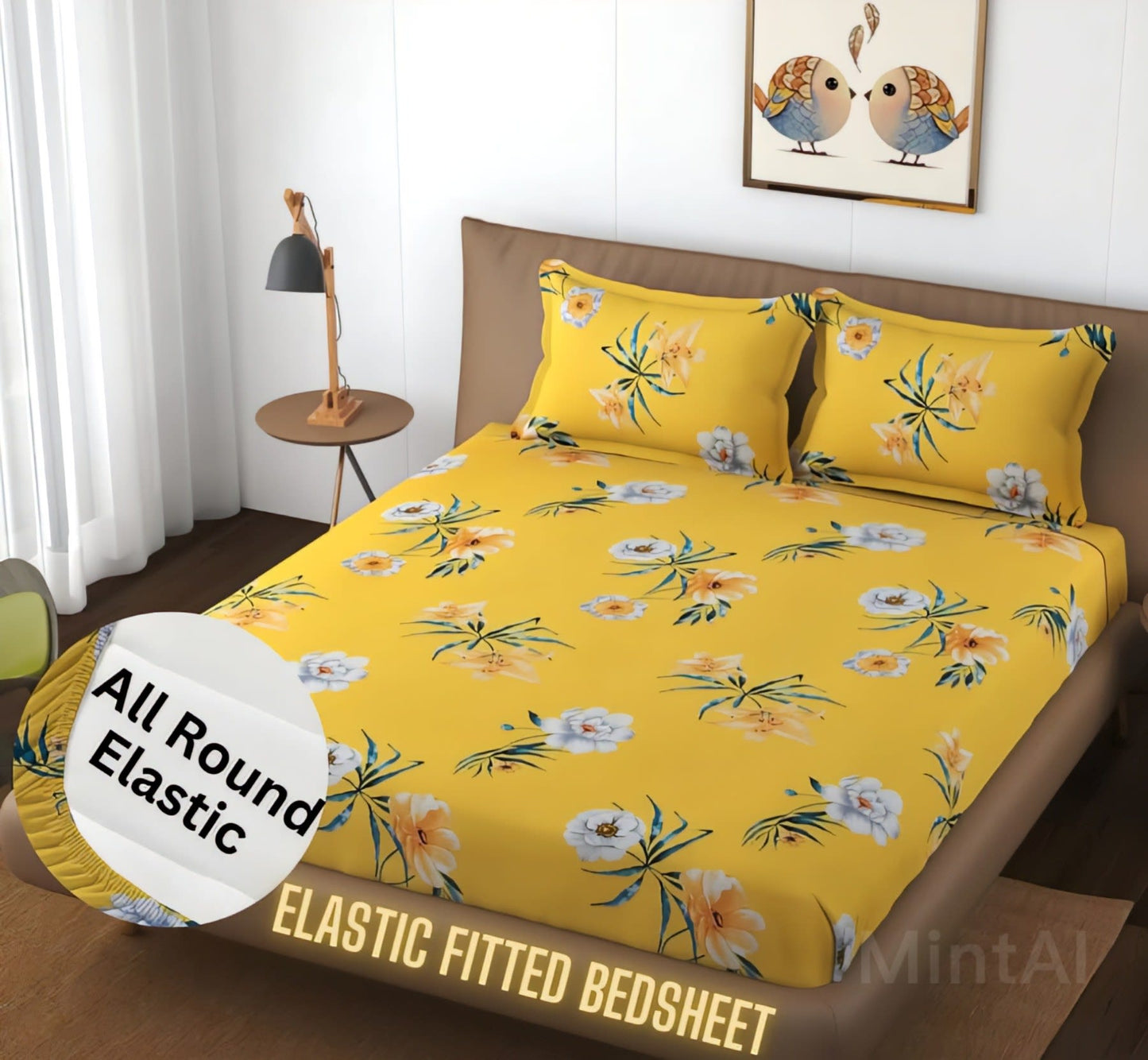 YELLOW FLOWER Premium Fitted Elastic Bedsheet With Two Pillow Covers (72X78X Upto 10 Inches) & 360 Degree Elasticated