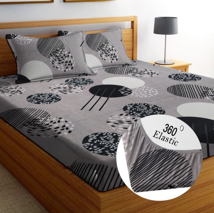 HOLES BLACK 220 TC Fitted Bedsheet with 2 Pillow Covers (72X78X Upto 10 Inches) & 360 Degree Elasticated
