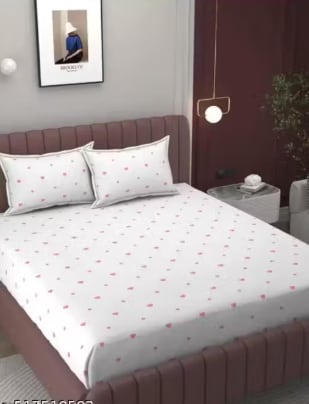 WHITE RED HEART Premium King Size Fitted Elastic Bedsheet With Two Pillow Covers (72X78X Upto 10 Inches) & 360 Degree Elasticated