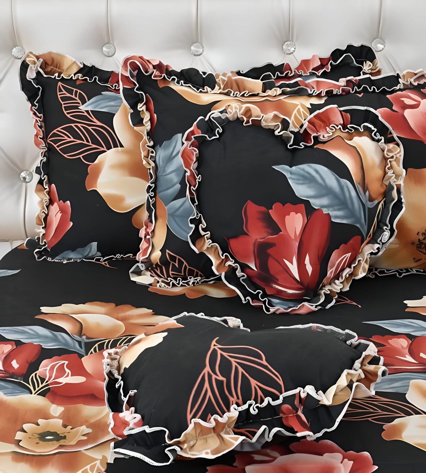 Premium 5-Piece Cotton Bedding Set: Includes 1 Flat Bedsheet, 2 FRILLED Zipped Pillow Covers, 2 FRILLED Cushion Covers, and 2 Cushion fillers