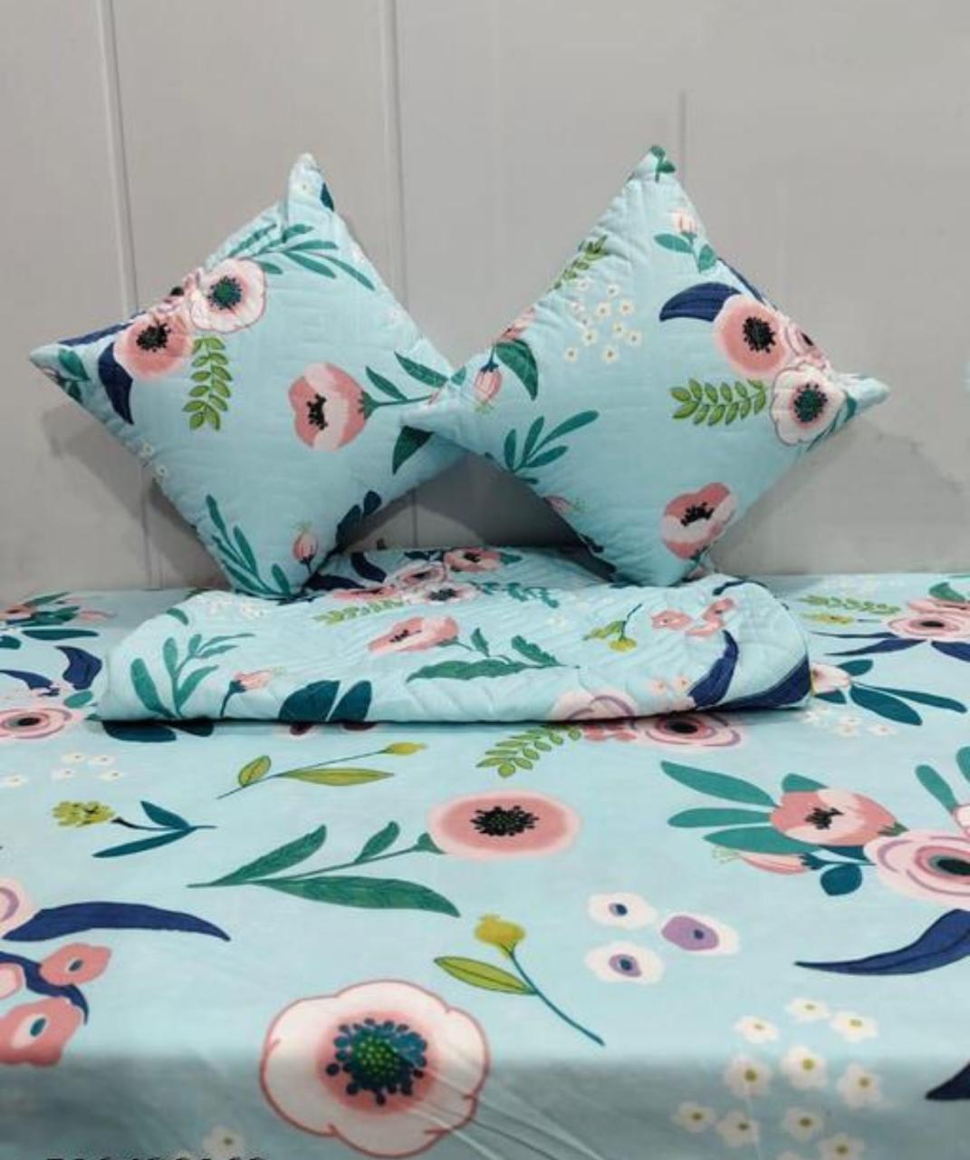 Premium 5-Piece Cotton Bedding Set: Includes 1 Flat Bedsheet, 2 Quilted Zipped Pillow Covers, 2 Quilted Cushion Covers, and 2 Cushion Fillers