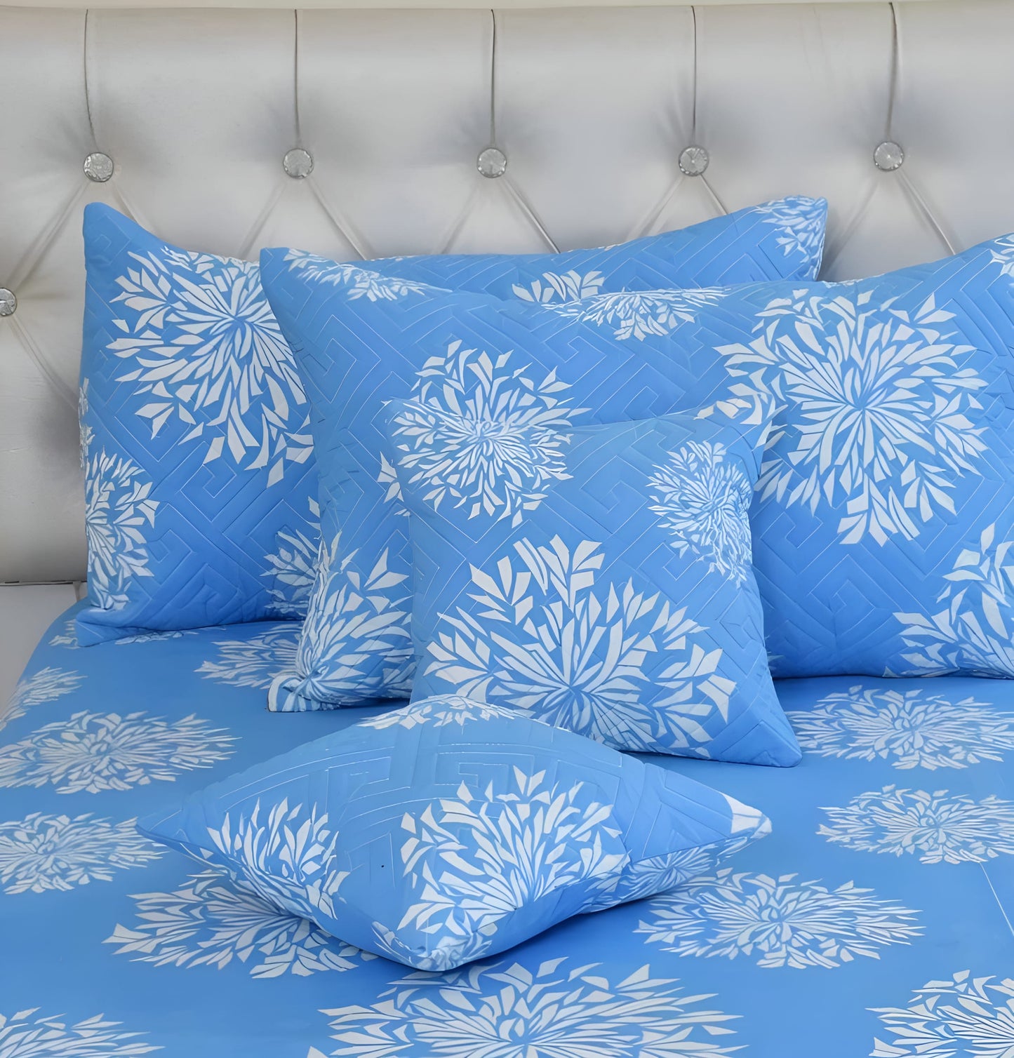Premium 5-Piece Cotton Bedding Set: Includes 1 Flat Bedsheet, 2 Quilted Zipped Pillow Covers, 2 Quilted Cushion Covers, and 2 Cushion Fillers