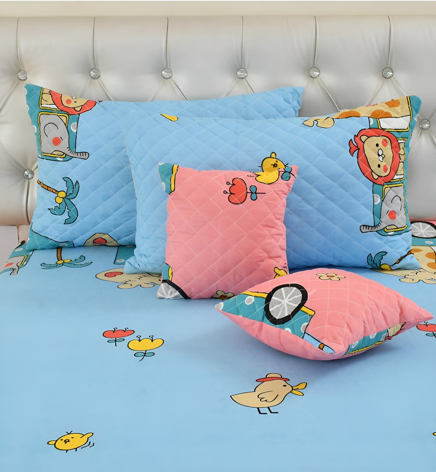 Premium 5-Piece Cotton Bedding Set: Includes 1 Flat Bedsheet, 2 Quilted Zipped Pillow Covers, 2 Quilted Cushion Covers, and 2 Cushion Fillers