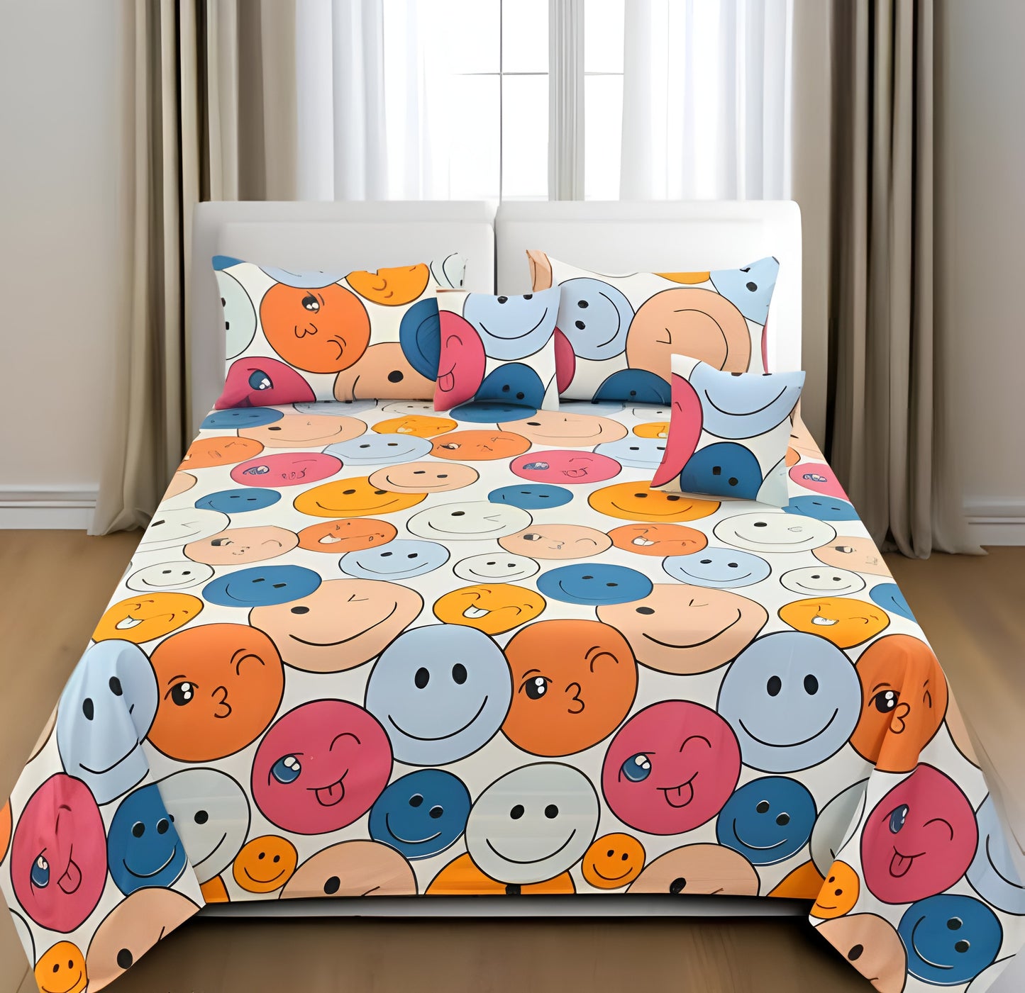 Premium 5-Piece Cotton Bedding Set: Includes 1 Flat Bedsheet, 2 Quilted Zipped Pillow Covers, 2 Quilted Cushion Covers, and 2 Cushion Fillers