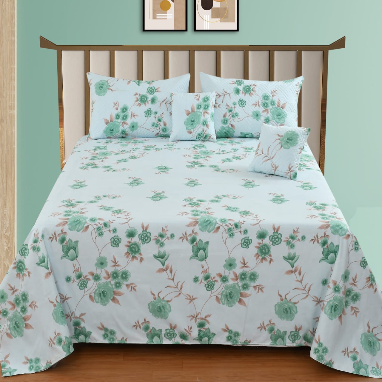 Premium 5-Piece Cotton Bedding Set: Includes 1 Flat Bedsheet, 2 Quilted Zipped Pillow Covers, 2 Quilted Cushion Covers, and 2 Cushion Fillers