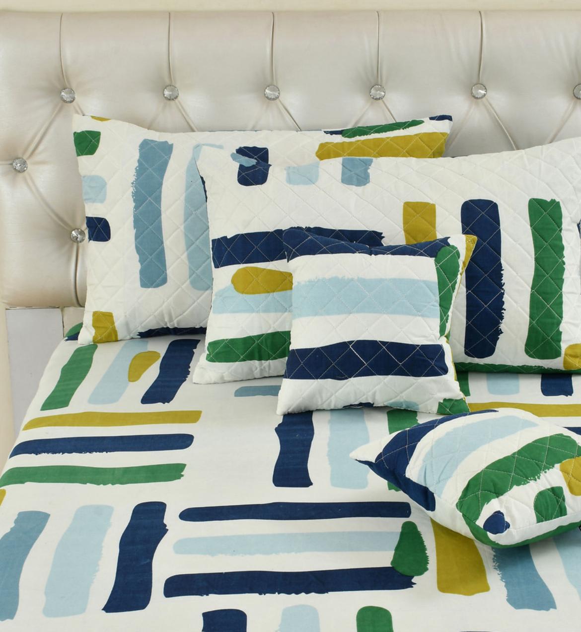 Premium 5-Piece Cotton Bedding Set: Includes 1 Flat Bedsheet, 2 Quilted Zipped Pillow Covers, 2 Quilted Cushion Covers, and 2 Cushion Fillers