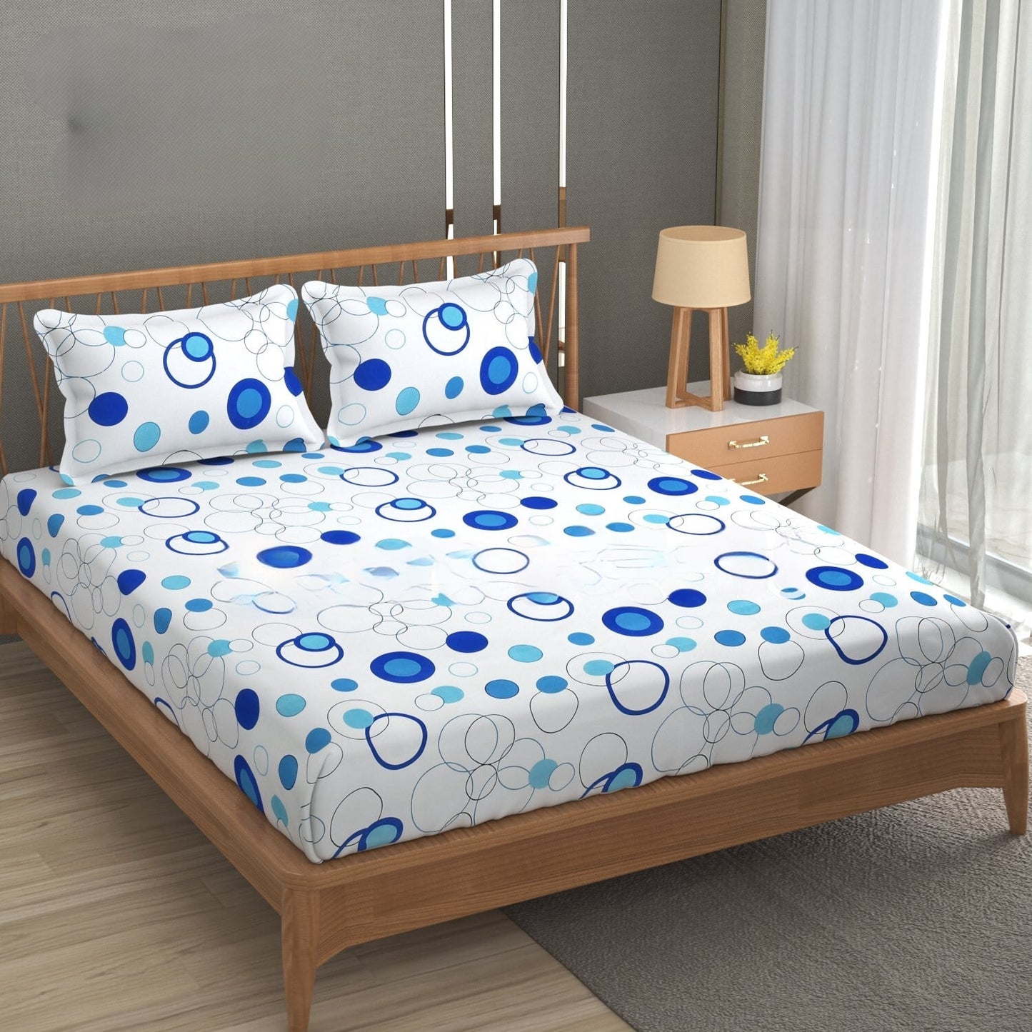 WHITE BASE Premium Fitted Elastic Bedsheet With Two Pillow Covers (72X78X Upto 10 Inches) & 360 Degree Elasticated