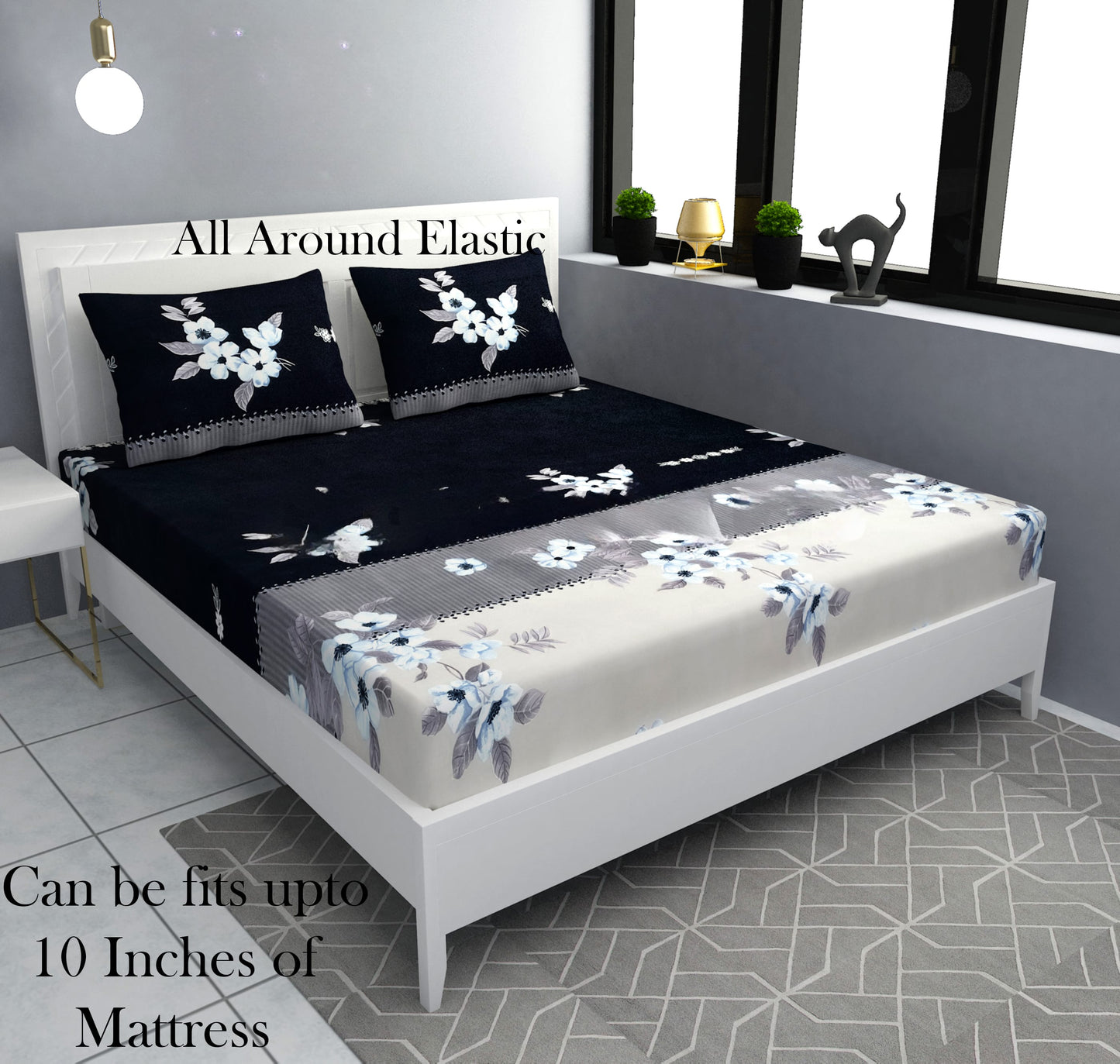 BLACK AND GREY Premium Fitted Elastic Bedsheet With Two Pillow Covers (72X78X Upto 10 Inches) & 360 Degree Elasticated