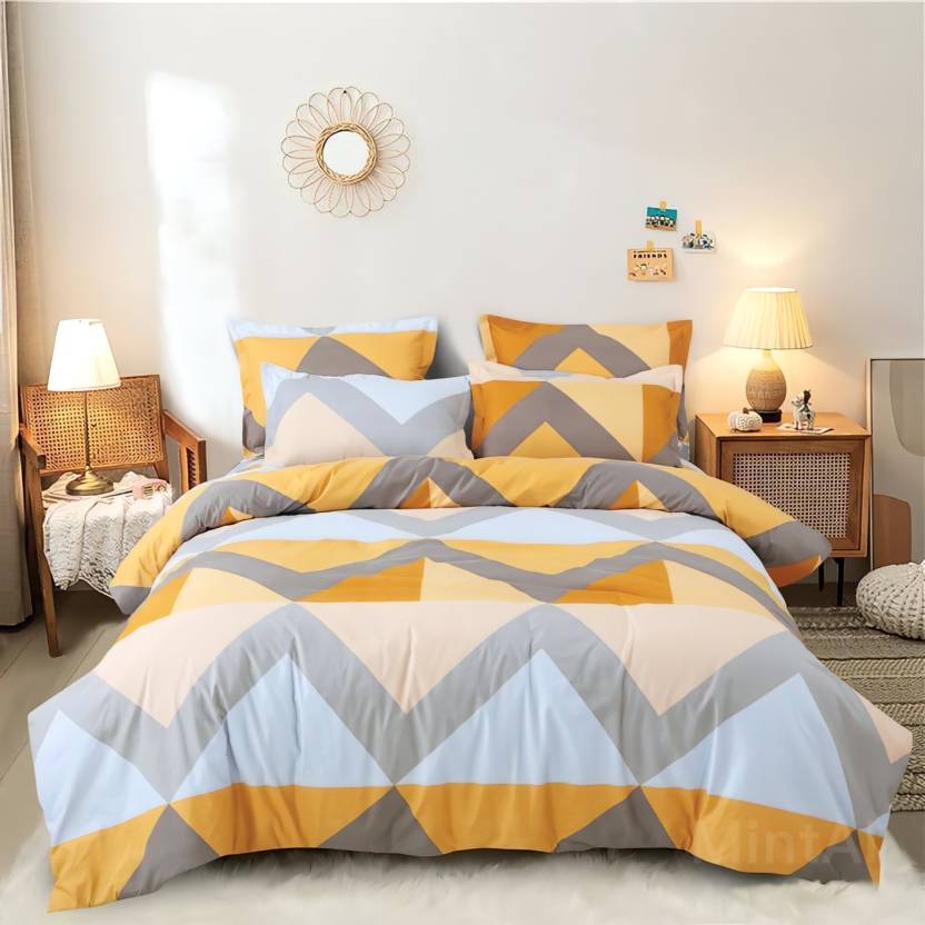 Orange and Grey Zigzag 220 TC Fitted Elastic Bedsheet With Two Pillow Covers (72X78X Upto 10 Inches) & 360 Degree Elasticated