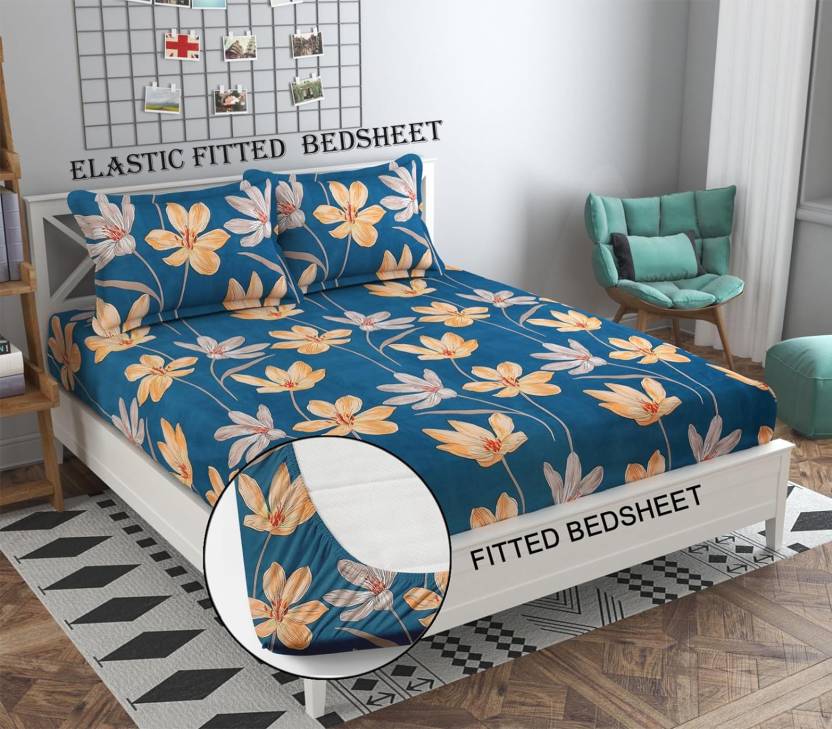 ORANGE LEAVES Premium Fitted Elastic Bedsheet With Two Pillow Covers (72X78X Upto 10 Inches) & 360 Degree Elasticated | BS