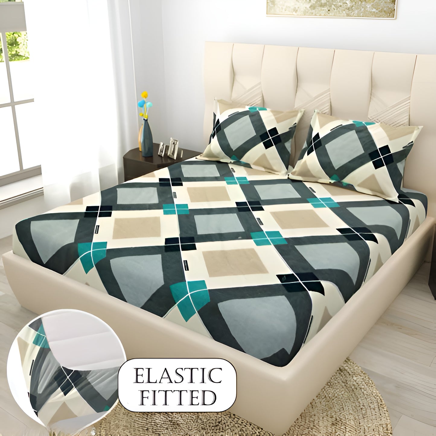 MAGIC GEOMETRIC Premium Fitted Elastic Bedsheet With Two Pillow Covers (72X78X Upto 10 Inches) & 360 Degree Elasticated