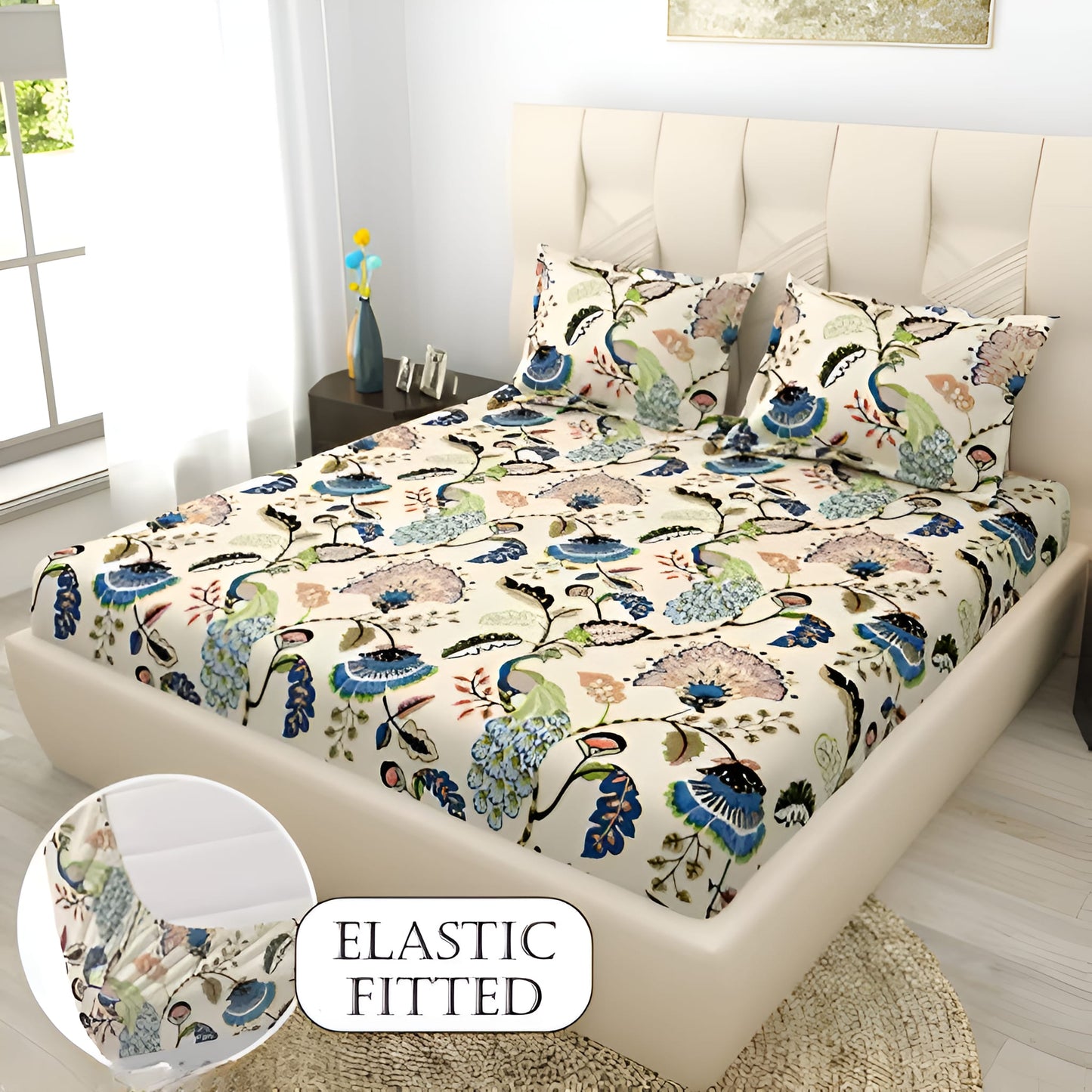 PEACOCK Premium Fitted Elastic Bedsheet With Two Pillow Covers (72X78X Upto 10 Inches) & 360 Degree Elasticated