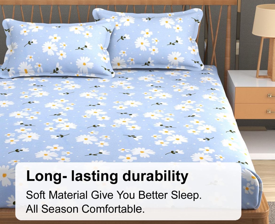 SKY SUNFLOWER 220 TC Fitted Elastic Bedsheet With Two Pillow Covers (72X78X Upto 10 Inches) & 360 Degree Elasticated