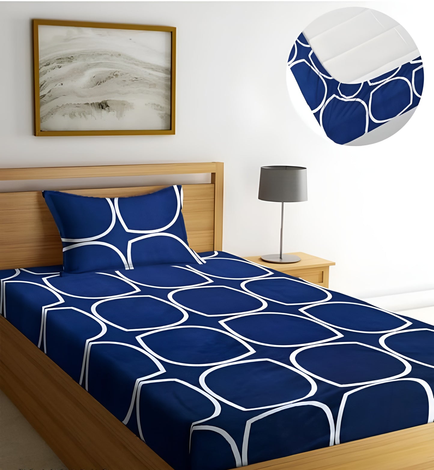 220 TC Blue Cotton Design Single Bed Fitted Bedsheet Having Size 36X72 (Fits Upto 8 Inches Of Mattress)