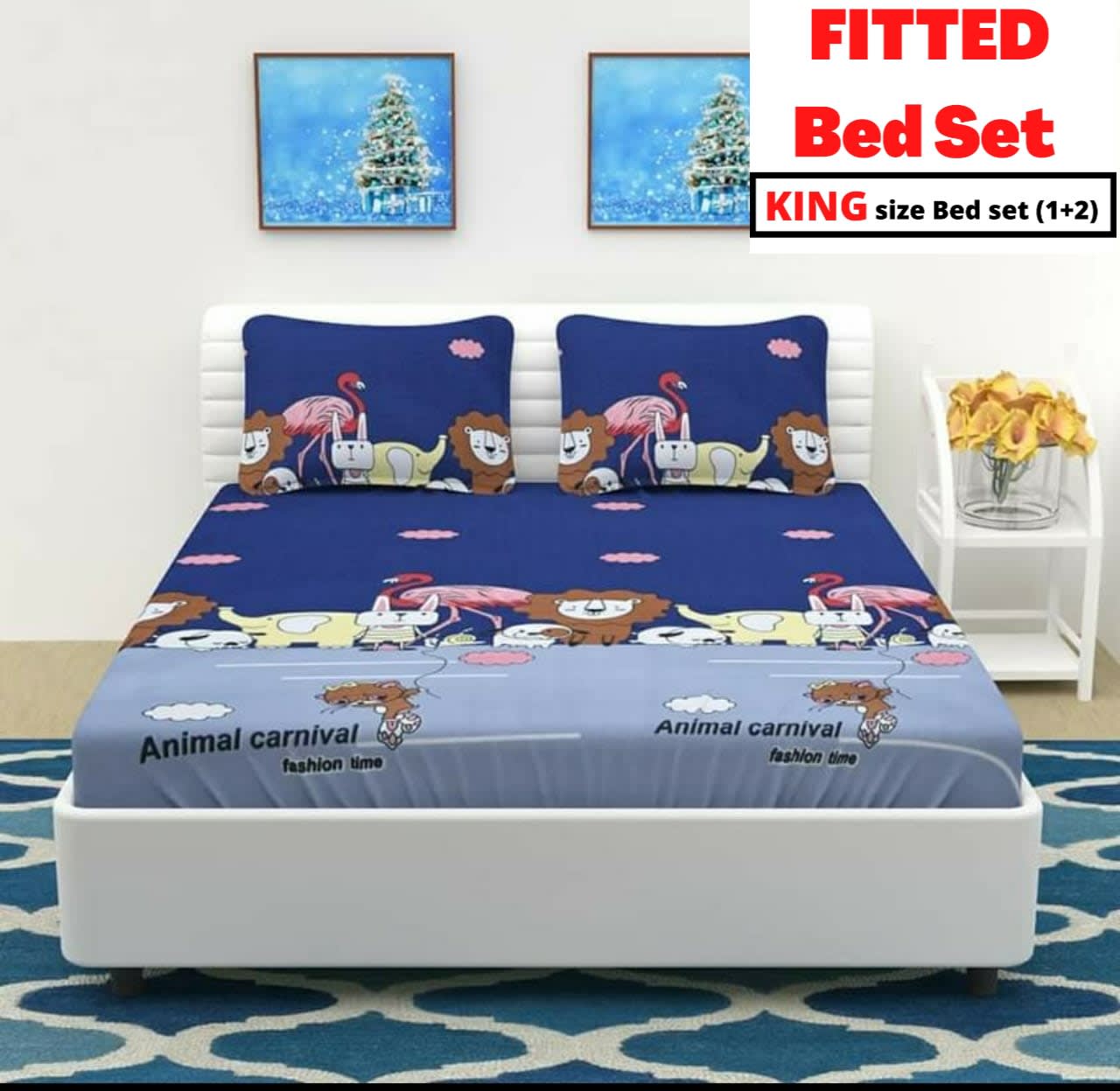 ANIMAL CARNIVAL Fitted Bedsheet Multicolor with 2 Pillow Covers (72X78X Upto 10 Inches) & 360 Degree Elasticated