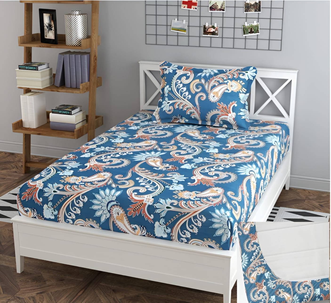 220 TC Sky Blue Floral Single Bed Fitted Bedsheet Having Size 36X72 (Fits Upto 8 Inches Of Mattress)
