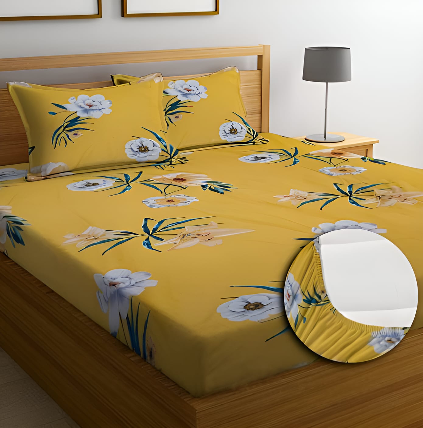YELLOW FLORAL Premium  Fitted Bedsheet with 2 Pillow Covers (72X78X Upto 10 Inches) & 360 Degree Elasticated