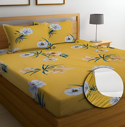 YELLOW FLORAL Premium  Fitted Bedsheet with 2 Pillow Covers (72X78X Upto 10 Inches) & 360 Degree Elasticated
