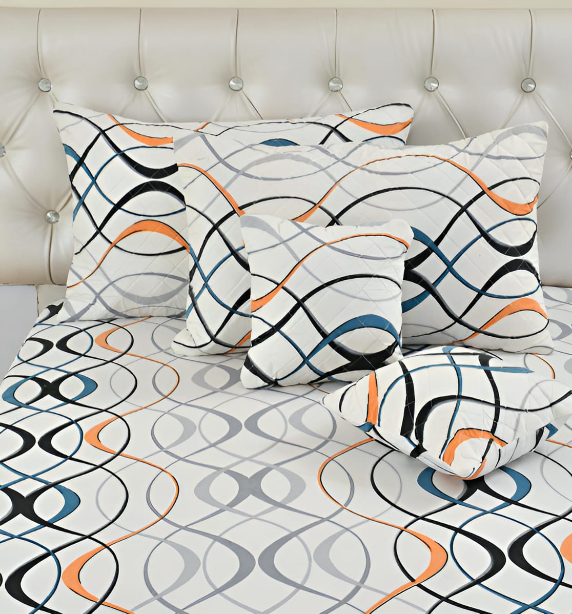 Premium 5-Piece Cotton Bedding Set: Includes 1 Flat Bedsheet, 2 Quilted Zipped Pillow Covers, 2 Quilted Cushion Covers, and 2 Cushion Fillers