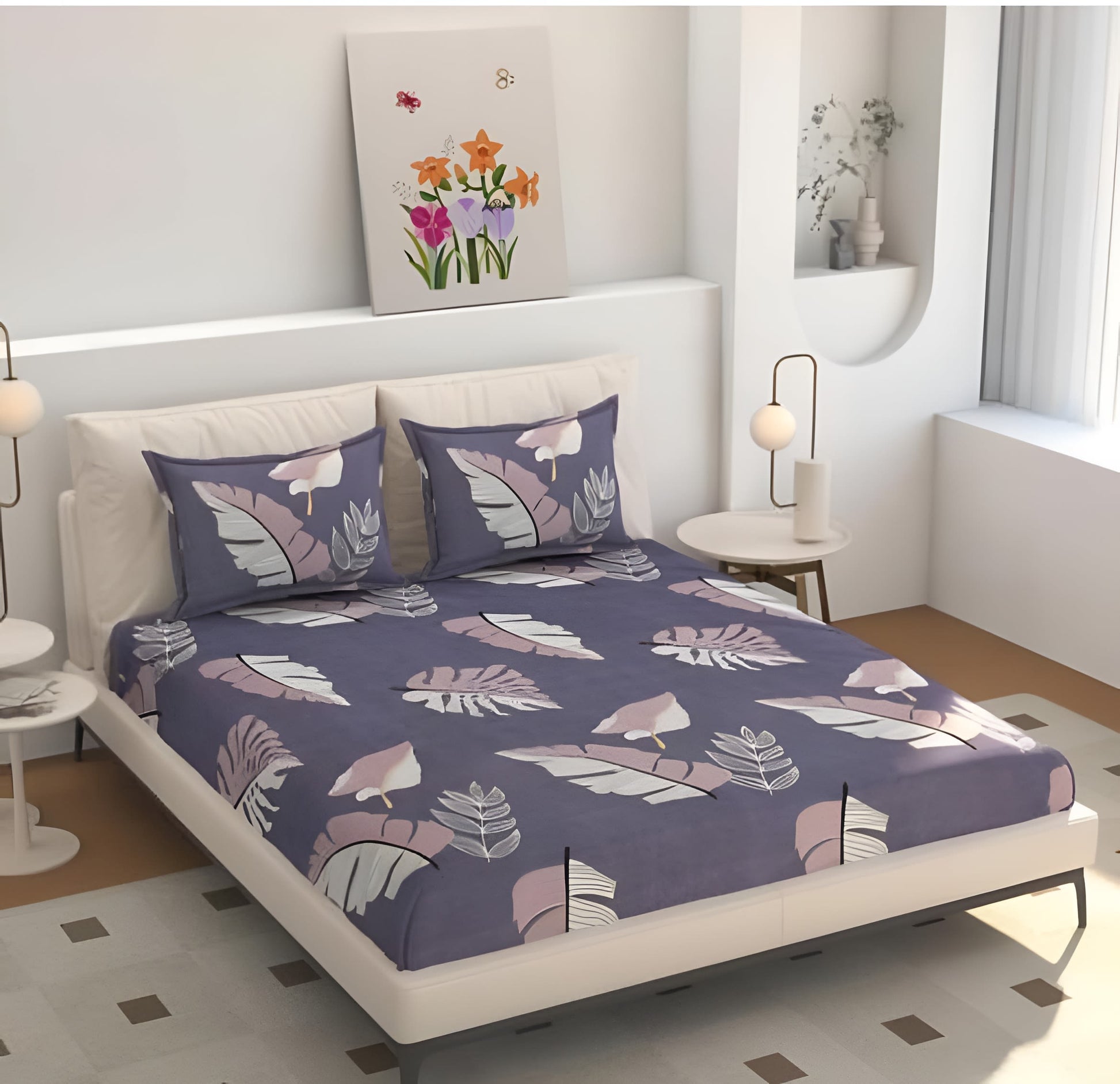 PURPLE FEATHER Premium Fitted Bedsheet with 2 Pillow Covers (72X78X Upto 10 Inches) & 360 Degree Elasticated