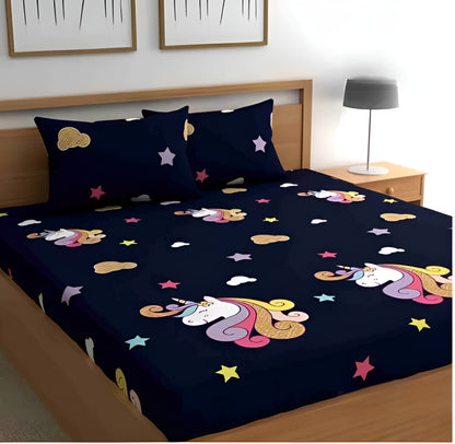 220 TC Kids Cartoon Cotton  All Round Elastic Fitted Bedsheet with 2 Pillow Covers (72X78X Upto 10 Inches) & 360 Degree Elasticated