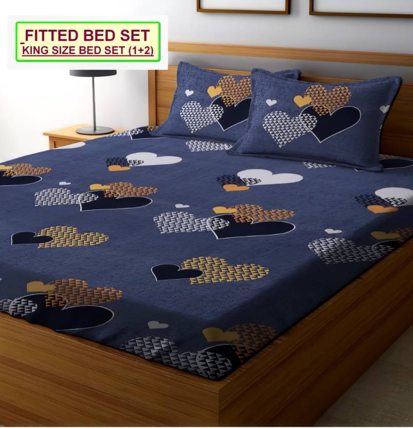 BLACK HEART 220 TC Cotton All Round Elastic Fitted Bedsheet with 2 Pillow Covers (72X78X Upto 10 Inches) & 360 Degree Elasticated