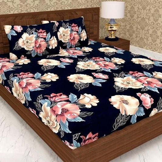 BLACK GOLDEN FLOWER Premium  Fitted Elastic Bedsheet With Two Pillow Covers (72X78X Upto 10 Inches) & 360 Degree Elasticated