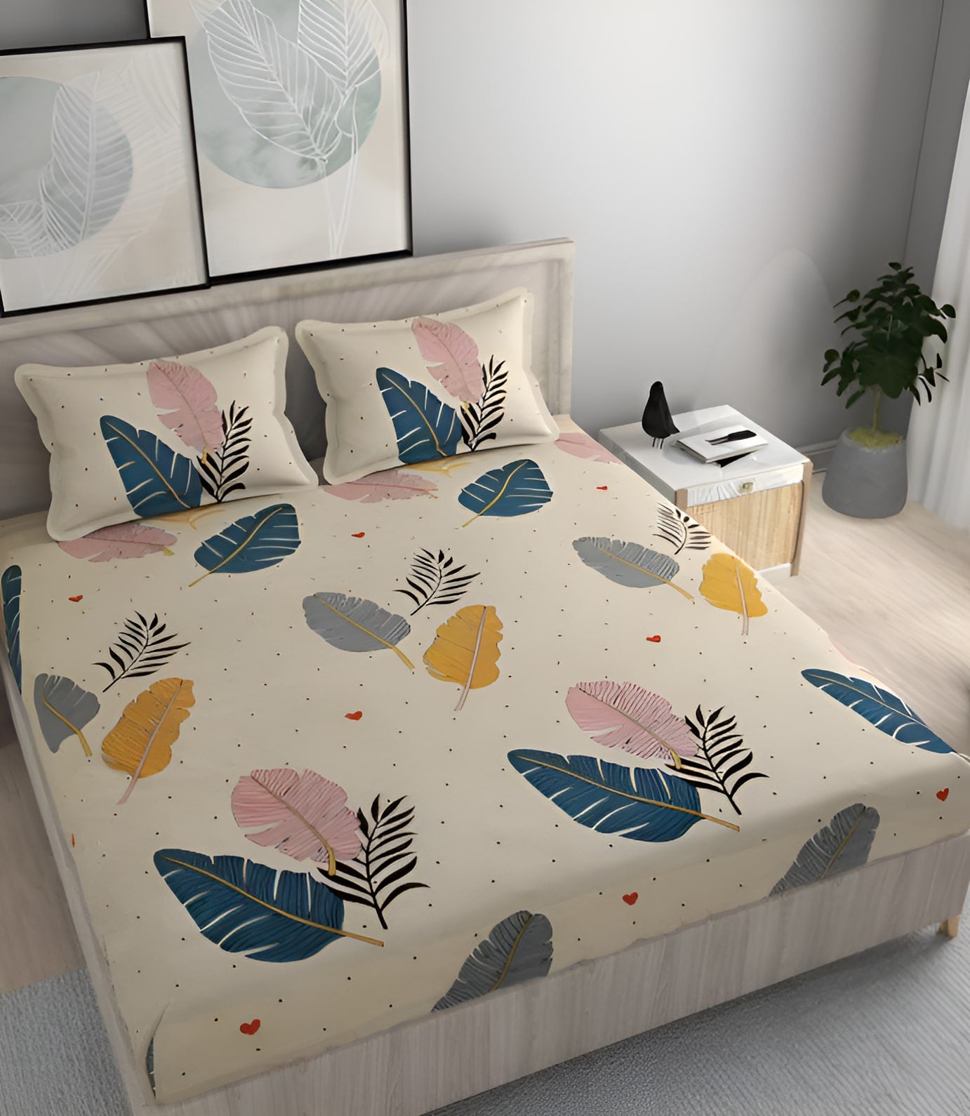 WHITE FEATHERS 220 TC  Fitted Elastic Bedsheet With Two Pillow Covers  (72X78X Upto 10 Inches) & 360 Degree Elasticated