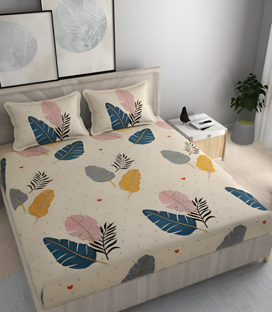 WHITE FEATHERS 220 TC  Fitted Elastic Bedsheet With Two Pillow Covers  (72X78X Upto 10 Inches) & 360 Degree Elasticated