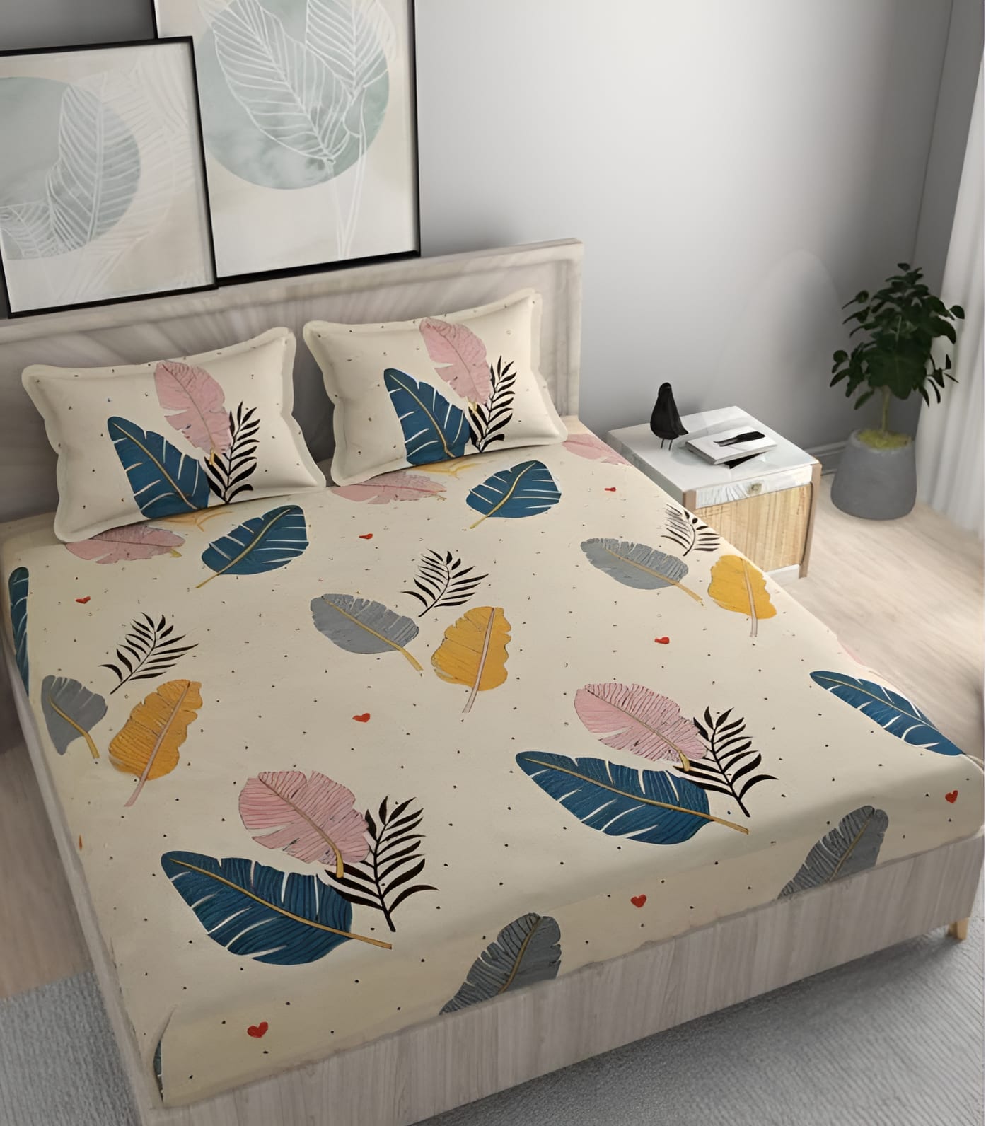 WHITE FEATHERS 220 TC  Fitted Elastic Bedsheet With Two Pillow Covers  (72X78X Upto 10 Inches) & 360 Degree Elasticated
