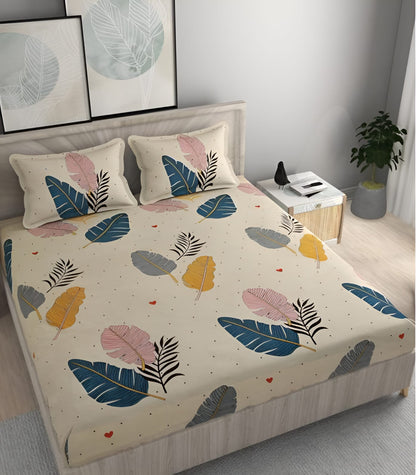 WHITE FEATHERS 220 TC  Fitted Elastic Bedsheet With Two Pillow Covers  (72X78X Upto 10 Inches) & 360 Degree Elasticated