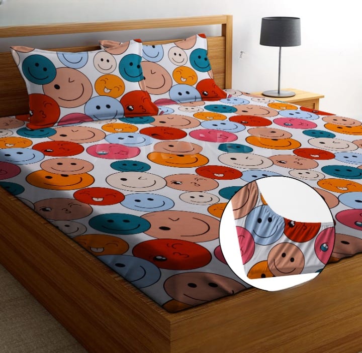 SMILEY 220 TC Cotton All Round Elastic Fitted Bedsheet with  2 Pillow Covers  (72X78X Upto 10 Inches) & 360 Degree Elasticated | BS