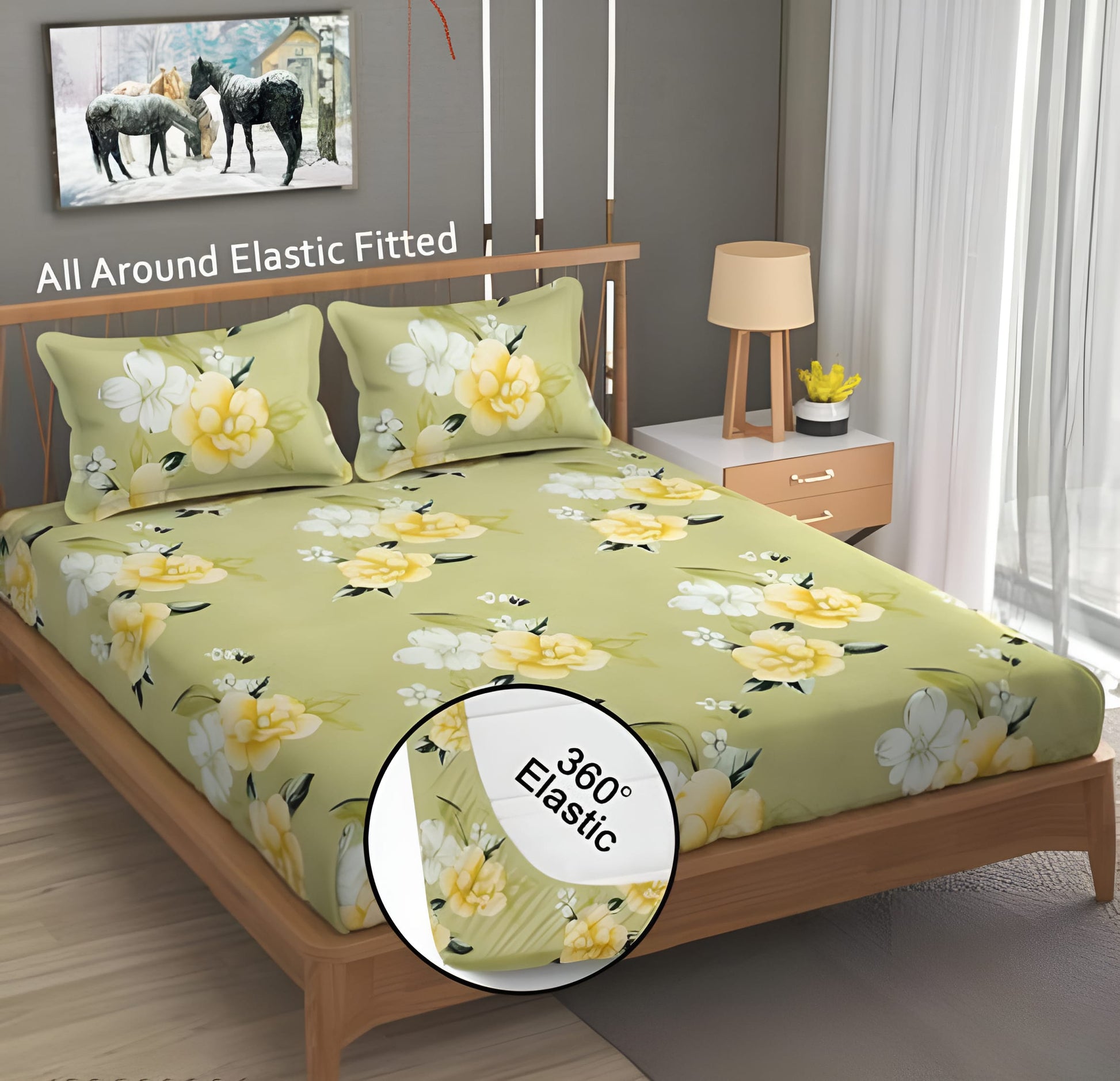 CAULIFLOWERED 220 TC Cotton All Round Elastic Fitted Bedsheet with  2 Pillow Covers  (72X78X Upto 10 Inches) & 360 Degree Elasticated