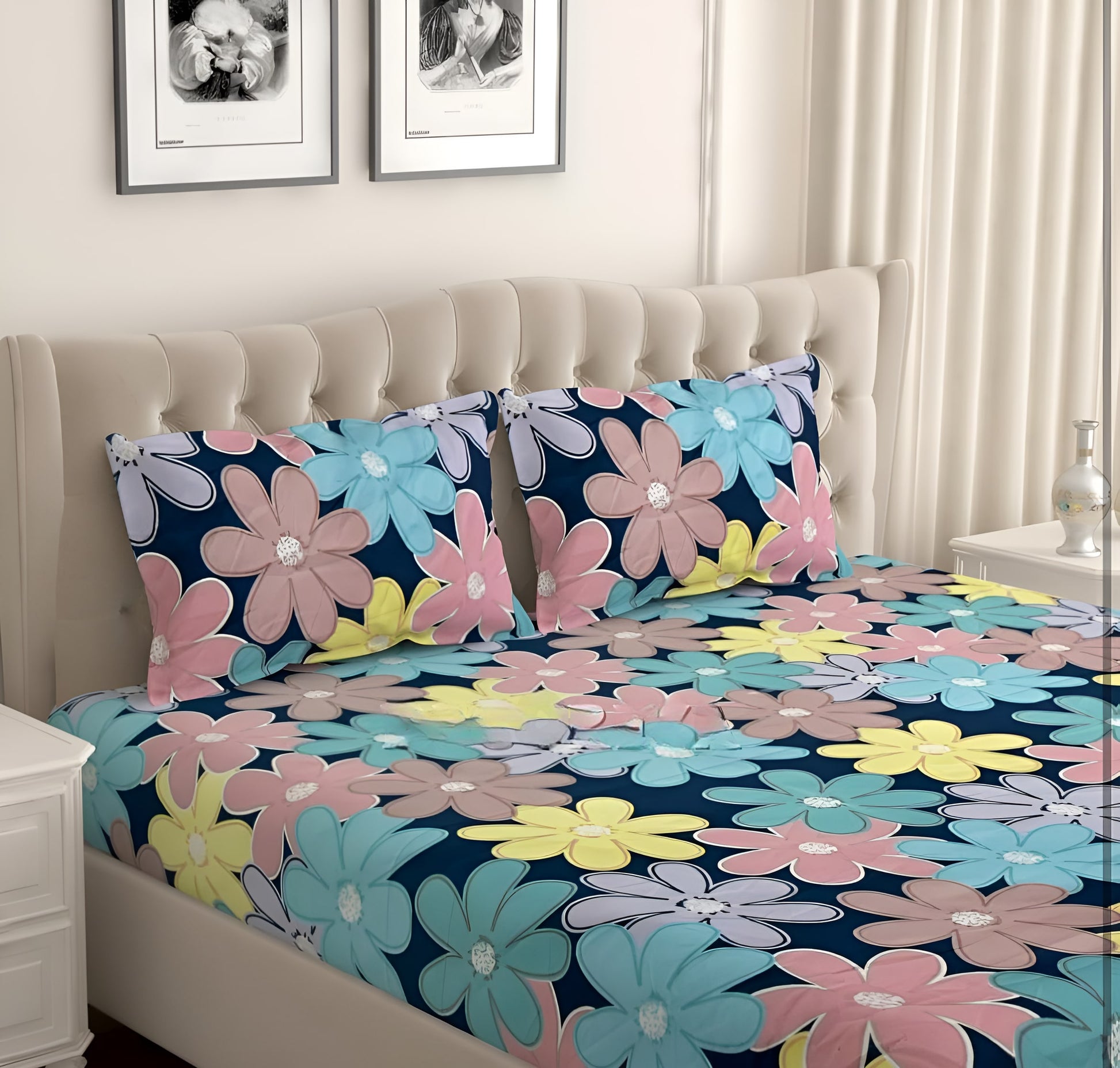 MULTIFLOWER 220 TC Cotton All Round Elastic Fitted Bedsheet with  2 Pillow Covers  (72X78X Upto 10 Inches) & 360 Degree Elasticated