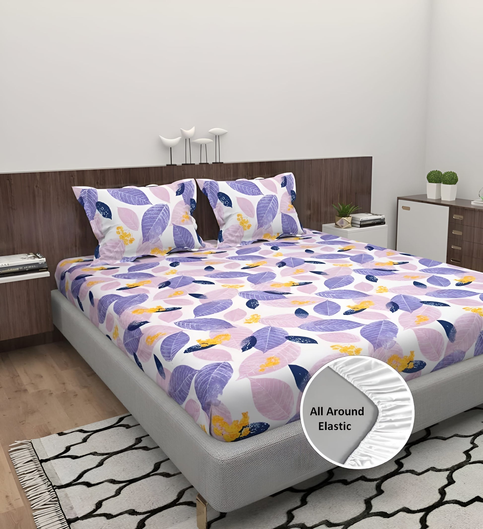 PINK LEAFS 220 TC Cotton All Round Elastic Fitted Bedsheet with  2 Pillow Covers  (72X78X Upto 10 Inches) & 360 Degree Elasticated