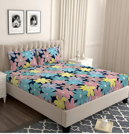 MULTIFLOWER 220 TC Cotton All Round Elastic Fitted Bedsheet with  2 Pillow Covers  (72X78X Upto 10 Inches) & 360 Degree Elasticated