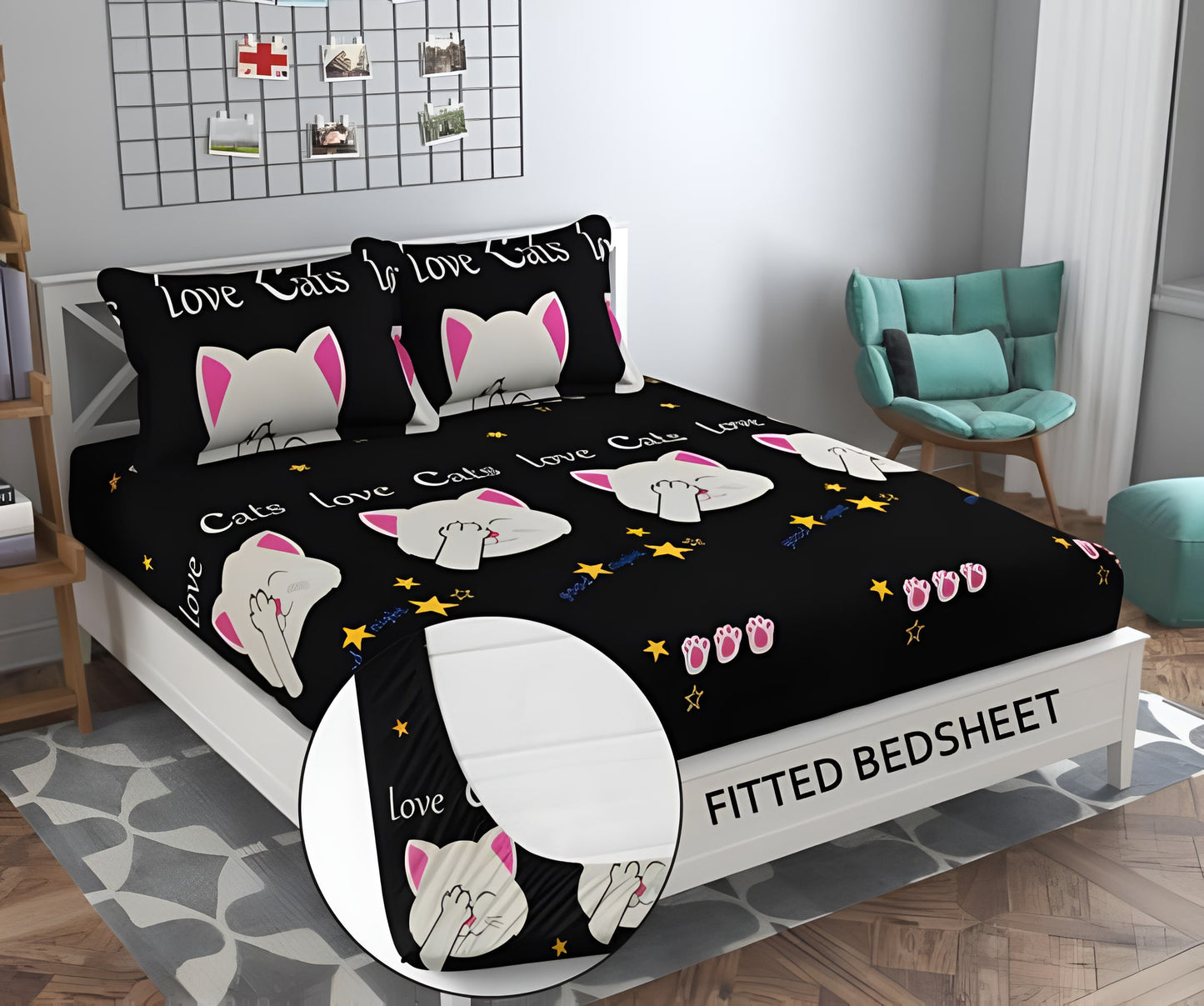 CAT DESIGN 220 TC Double Bedsheet With 2 Pillow Covers (72X78X Upto 10 Inches) & 360 Degree Elasticated