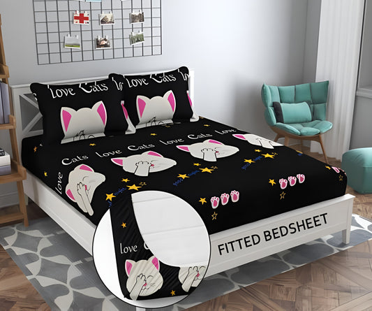 CAT DESIGN 220 TC Double Bedsheet With 2 Pillow Covers (72X78X Upto 10 Inches) & 360 Degree Elasticated