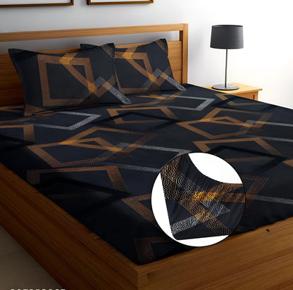 Black Printed 220 TC Fitted Bedsheet with 2 Pillow Covers (72X78X Upto 10 Inches) & 360 Degree Elasticated