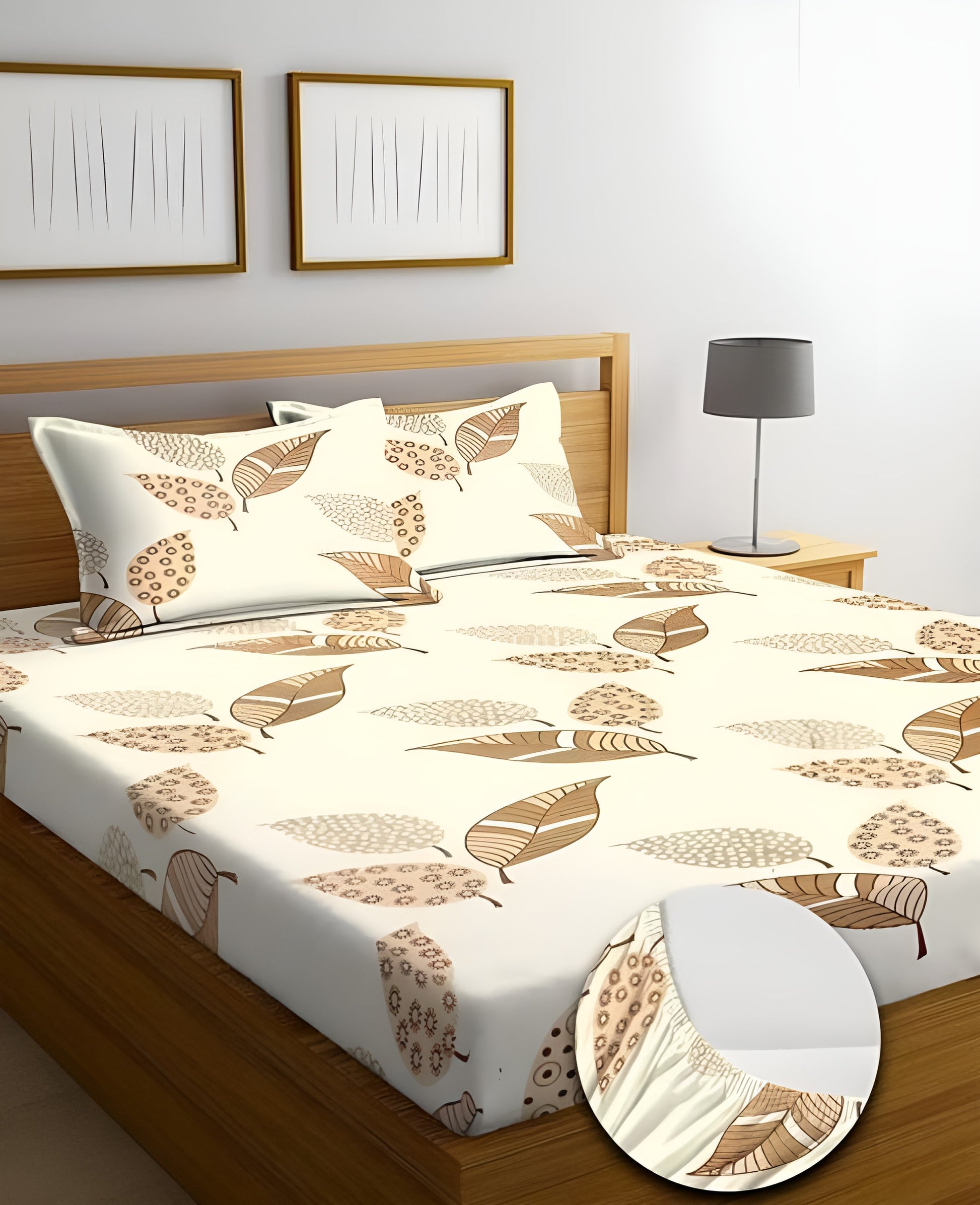 CREAM LEAVES 220 TC Fitted Bedsheet with 2 Pillow Covers (72X78X Upto 10 Inches) & 360 Degree Elasticated
